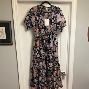 Elan Black and Pink Floral Midi Dress